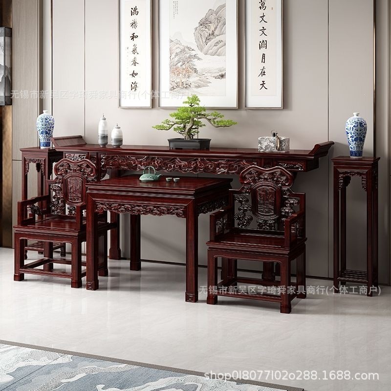 Antique-style hall furniture, six-piece set for the main hall, long console table, eight-saint table, solid wood offering table, console table for the main hall