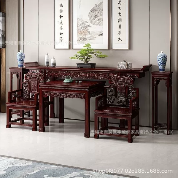 Antique-style hall furniture, six-piece set for the main hall, long console table, eight-saint table, solid wood offering table, console table for the main hall