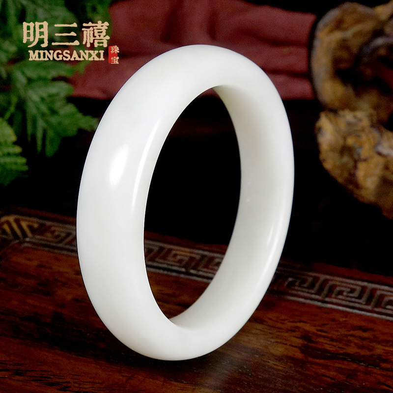 天然新疆和田玉白玉手镯羊脂白玉镯子复古少女士款汉白玉网红手镯