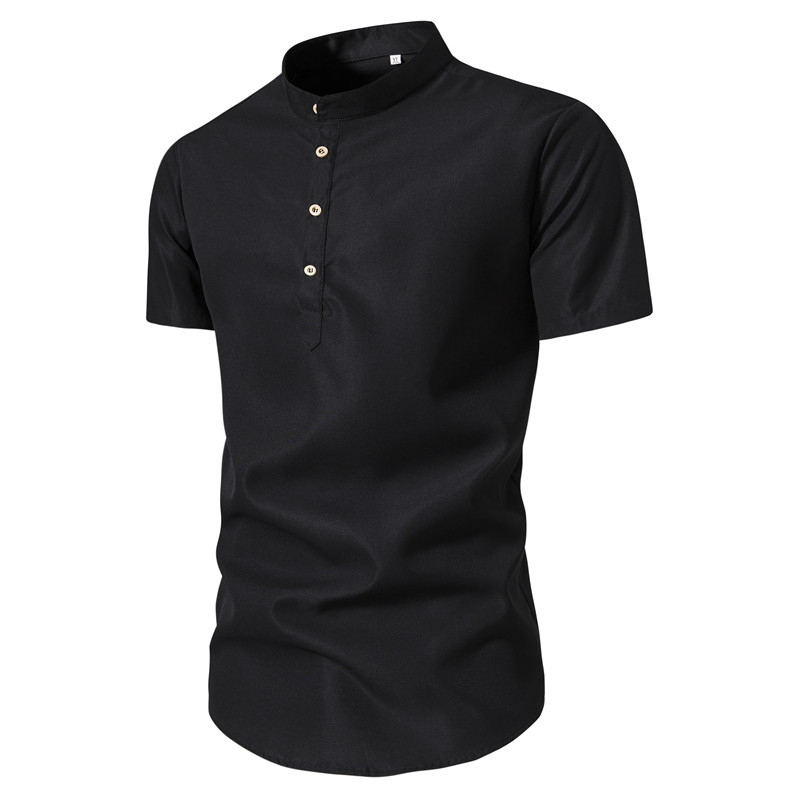 2023 caliente verano color sólido collar de pie camisa casual de los hombres de manga corta camisa de comercio exterior jersey de los hombres top ropa de los hombres