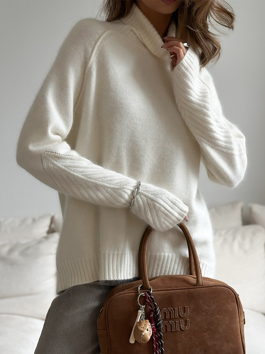 Suéter de cuello alto transfronterizo Europa y los Estados Unidos 2025, otoño y invierno, nuevo suéter de punto blanco suelto, suéter de punto casual para mujeres image 4