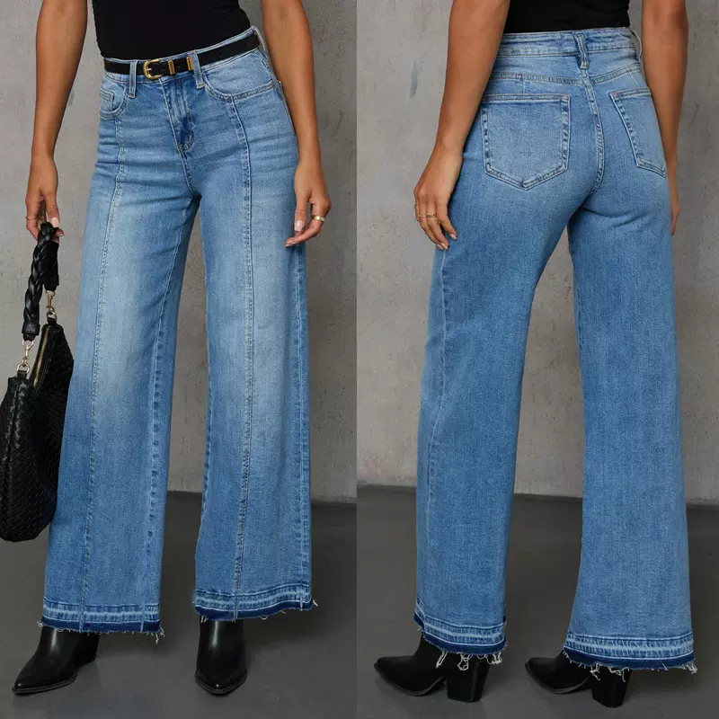 欧美牛仔裤女2025新款热销弹力时尚毛边阔腿裤水洗气质拼接牛仔裤