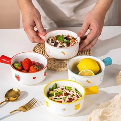 Creative hand-painted single-handled bowl, baby food bowl, cute ceramic baking bowl, dessert bowl with handle