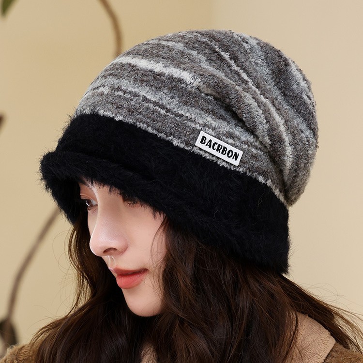Cappello invernale da donna in maglia a blocchi di colore, stile coreano, stile retrò, con protezione per le orecchie, versatile e caldo, a righe_voghion.com