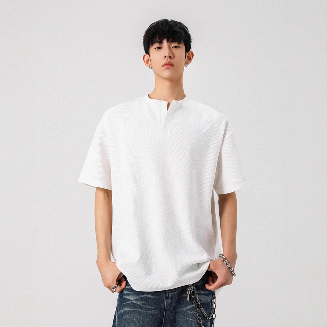Camiseta de peso pesado con cuello Henry americano para hombre waffle de verano hombro de manga corta camiseta casual suelta