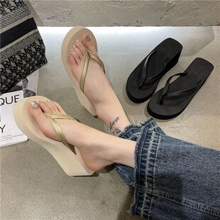 European and American star flip-flops with muffin thick bottom slope heel toe beach heightening heel Sanya sandals