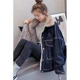 牛仔外套女秋冬季韩版宽松百搭小个子学生短款羊羔毛加绒加厚棉服