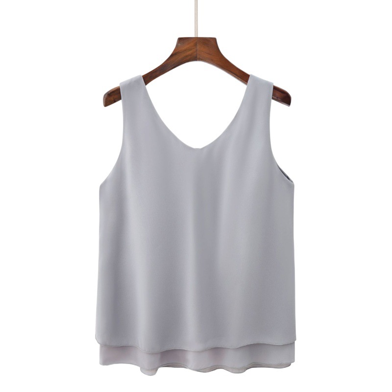 2023 Korean Style Plus Size Women's Chiffon Shirt Solid Color V-neck Vest Mid-length Loose Belly Covering Fake Two-piece Chiffon Vest