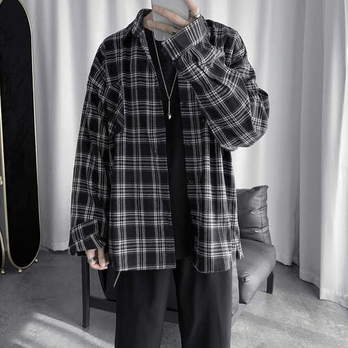 Men's Long-Sleeve Grid Shirt, Korean Style Trendy Matchable Loose Top, Spring and Summer New Arrival, Hong Kong Style Casual Jacket, Instagram Trendy
