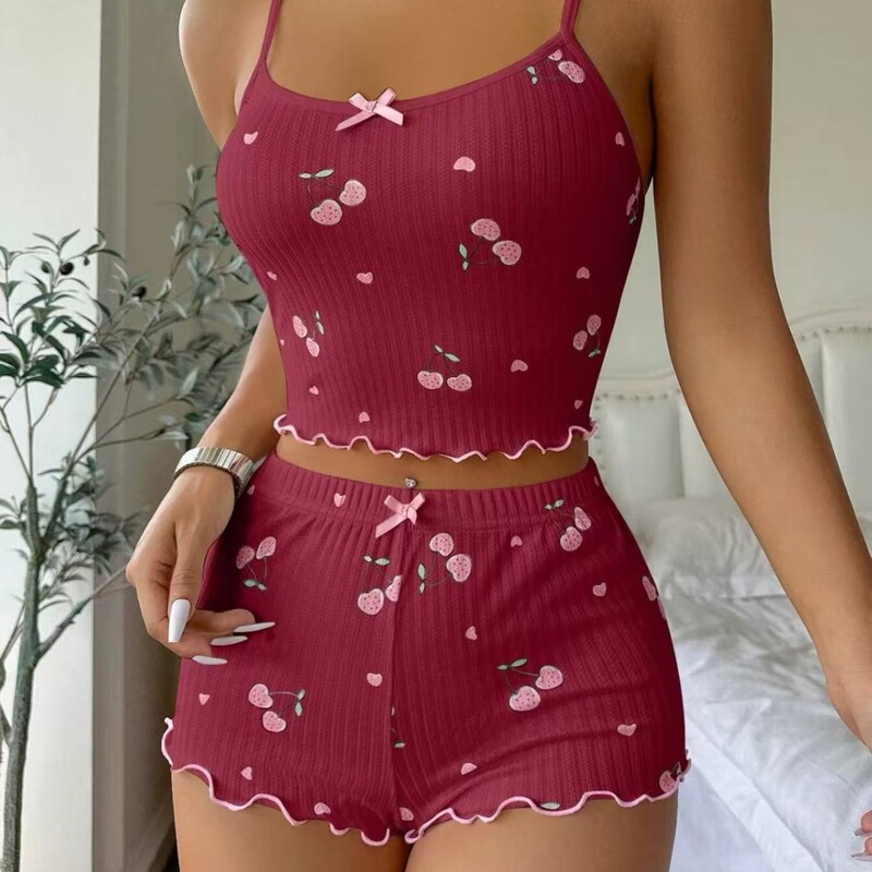 印花新品套装小樱桃可爱印花纯色居家服蝴蝶结舒适吊带睡衣套装|undefined