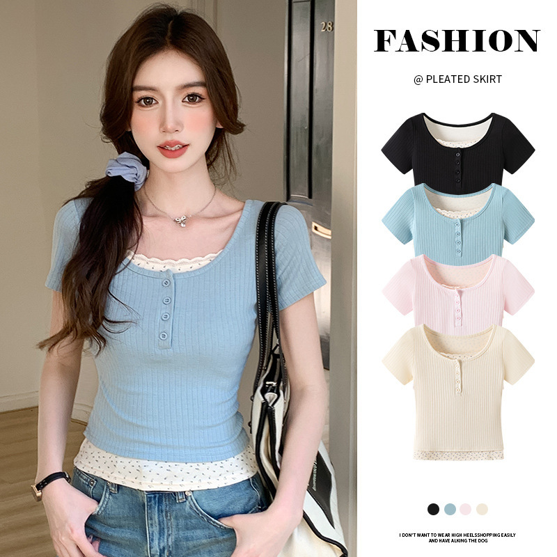 820 Lace Splicing Fake Two-Piece Short-Sleeved T-Shirt for Women with Slim Fit and Stripesd Bottoming Shirt Top