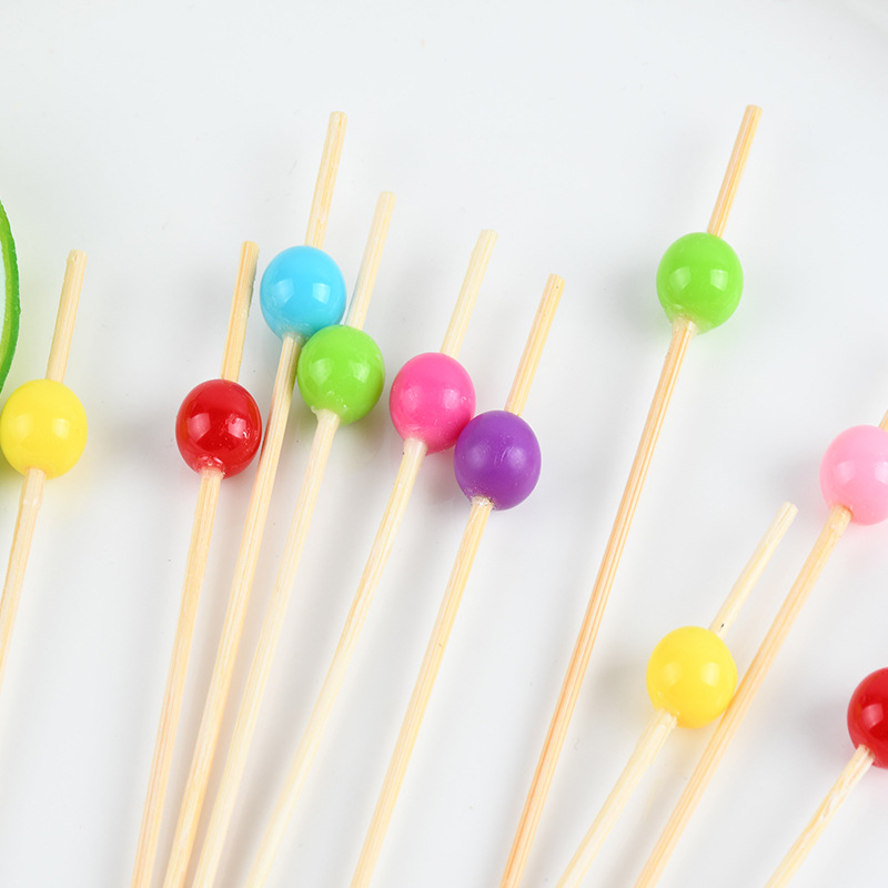 Fruit stick desechable colorido perlas bocadillos Fruit stick dibujos animados palillos de dientes limpios de una sola cabeza Fruit stick bambú