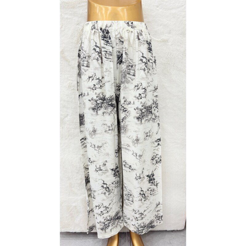 Yimu Korean Spring/Summer Printed Retro Casual Cotton-Linen Wide-Leg Pants Yimu Korean Spring/Summer Printed Retro Casual Cotton-Linen Wide-Leg Pants