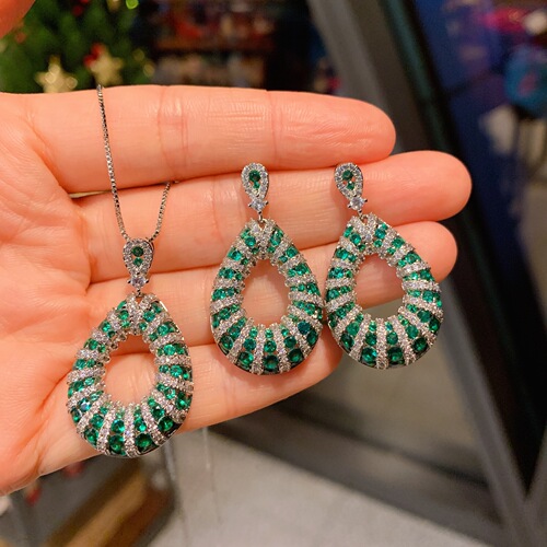 Vivian Jewels Women's Earrings Rhinestones Version European and American Stud Earrings with Fake Emerald Pendant Earring Set