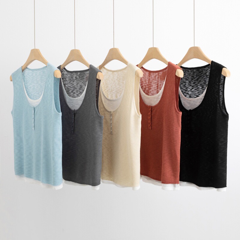Fake two-piece vest, ultra-thin, slimming, half-open collar, fashionable knitwear, hollowed-out, breathable, completely opaque, sleeveless, ice silk