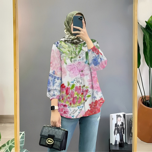 Muslim blouse floral women's shirt button-up Baju Muslim style