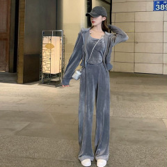 丝绒卫衣休闲套装女秋冬设计感宽松慵懒背心上衣运动裤三件套纯色