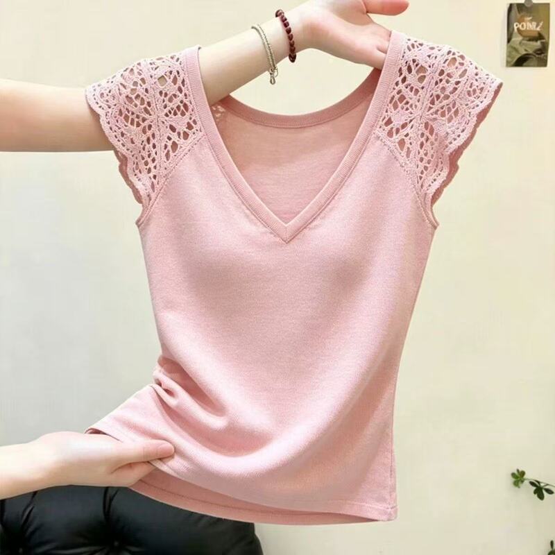 Korean Style Sweet and Spicy V-Neck Lace Hollow-Out Short-Sleeve T-Shirt for Women, 2026 Summer New Solid Color Slim-Fit Youthful Top