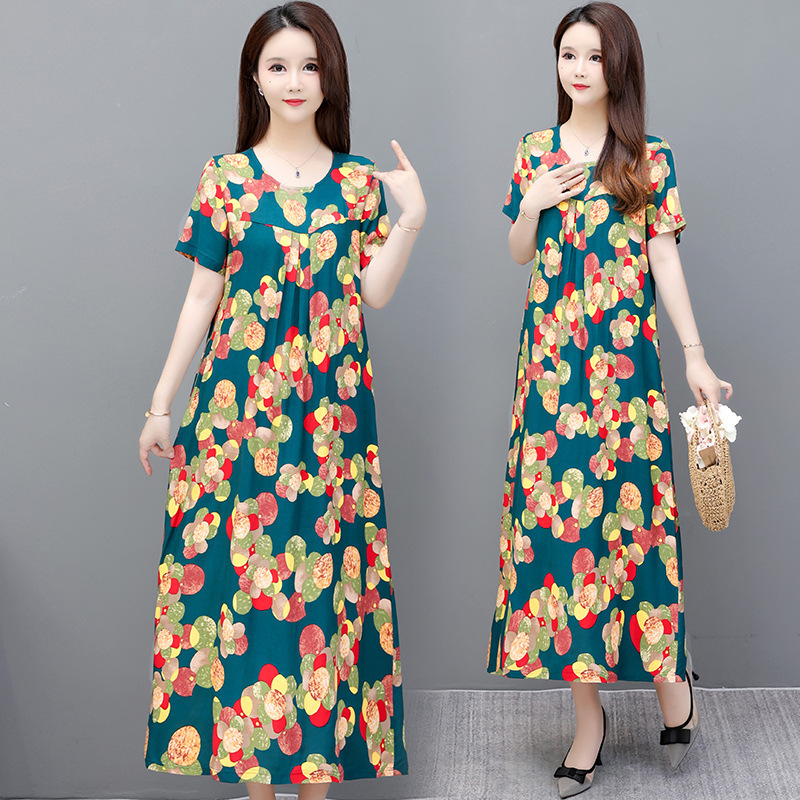 Mother Summer Dress Cotton Silk dress Fashion Outer Wear Western Style Middle-aged Women's Short-sleeved Floral Over-the-knee Artificial Cotton Long Dress