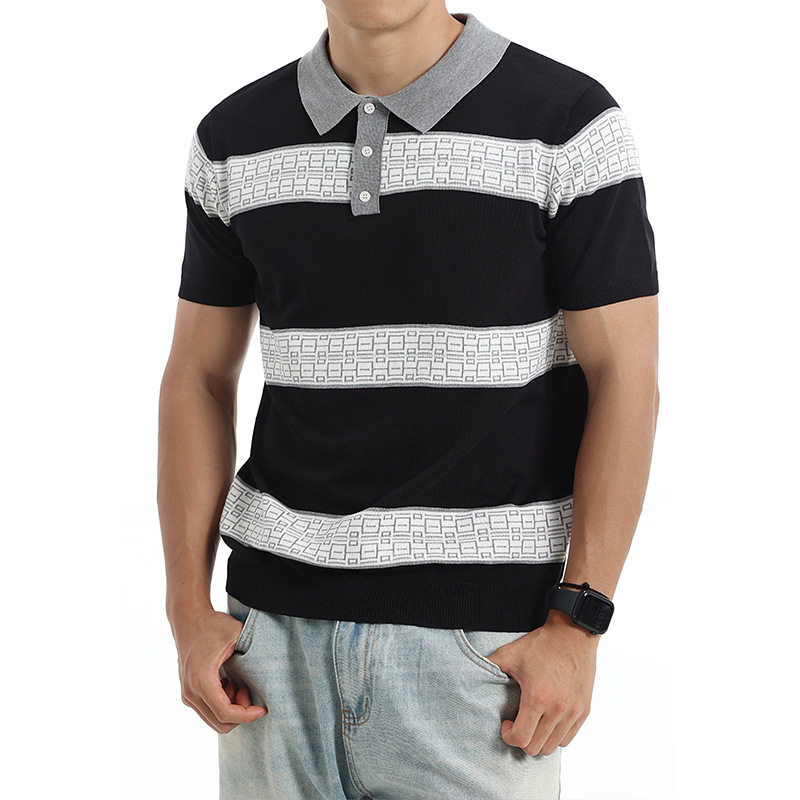 Polo camiseta de punto camiseta de manga corta hombre solapa rayas retro camiseta de seda de hielo de verano fábrica al por mayor