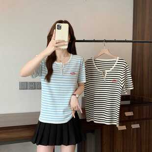 Actual Shot of 2025 New Summer Style Plus Size Women's Clothing Simple and Fashionable Stripesd Embroidered Half Open Collar Chic Short-Sleeved T-Shirt