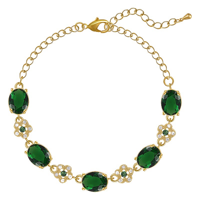 Pulsera de cristal de esmeralda galvanizado en oro real, personalidad de lujo ligera, circón de marea, temperamento exquisito, joyería de alta calidad al por mayor