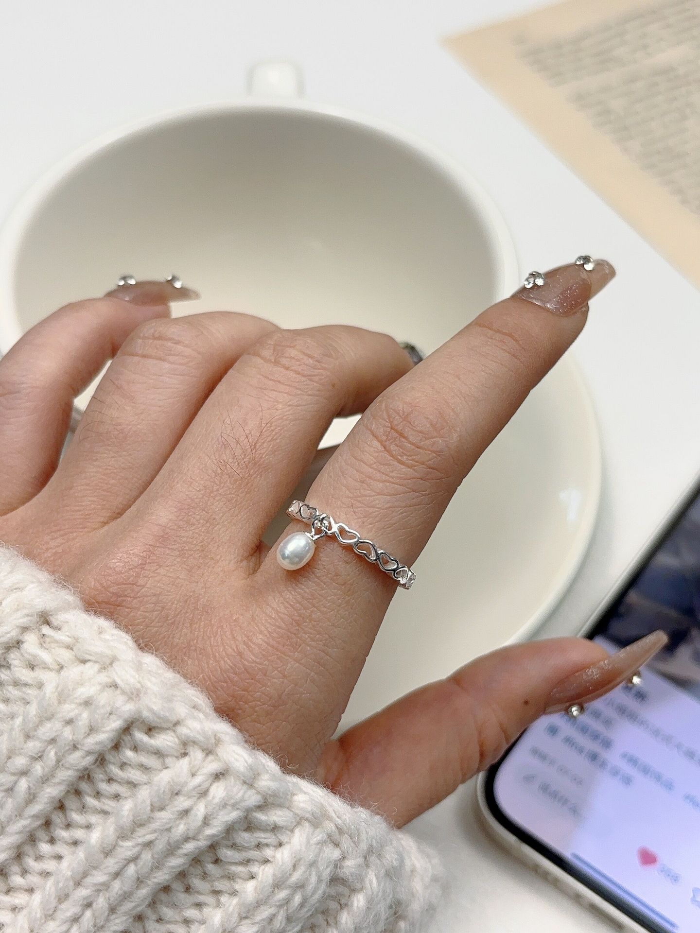 Heart Shape Pattern 925 Sterling Silver Freshwater Pearl Heart Shape Open Rings