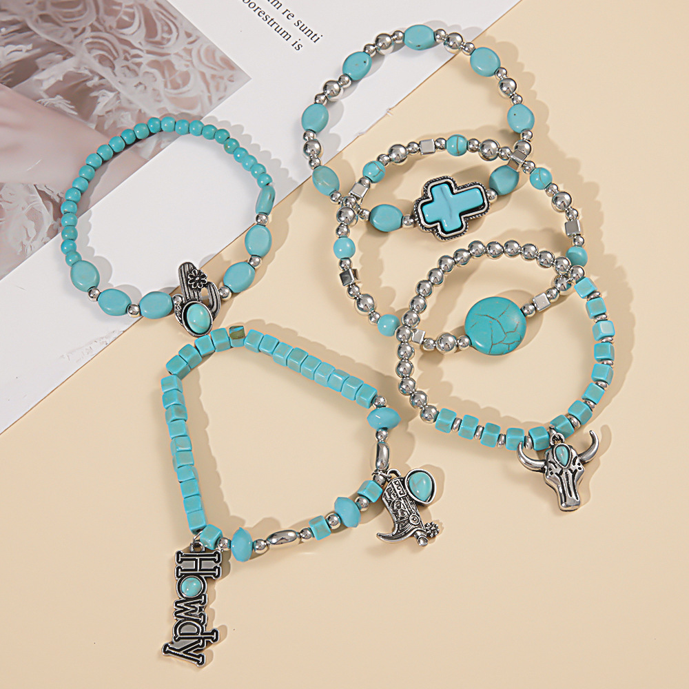 49g Weight Alloy Pendant Material Bracelets Classification Beaded, Turquoise Chain Material 1 Set Quantity Daily Occasion Beaded, Alloy, turquoise Material Cross, Cattle, Boots Pattern Women's Gender Retro Style Retro Cross Cattle Boots Beaded Alloy Turquoise  Beaded Bracelets Wholesale 17