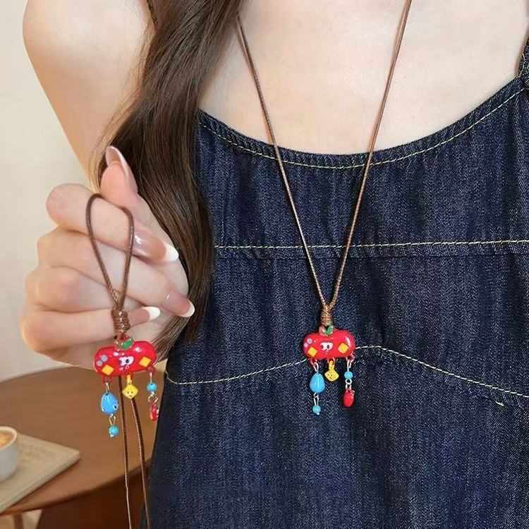 Cute Colorful Dopamine Red Apple Braided Rope Necklace Women's Long High-End Hanging Neck Necklace Accessories Clavicle Chain