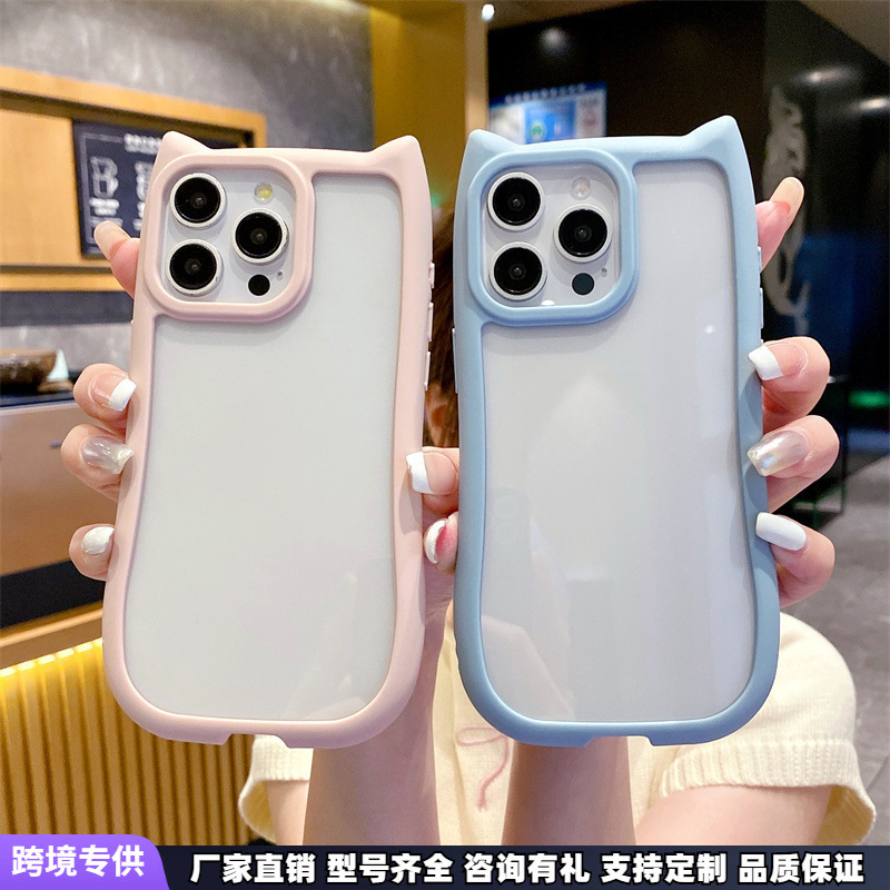 Suitable for Apple 16Promax Mobile Phone Case Iphone15 Cat Ears Transparent Acrylic 14 Cute Female Protective Case