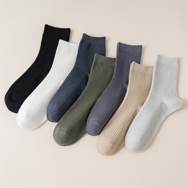Double Needle Drawn Strip Men's Socks Mid-tube Socks Autumn and Winter Sweat Absorbing Boneless Sewing Solid Color Cotton Socks Foot Massage Sports Socks