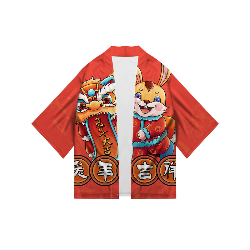 2023 New Year Rabbit Year Auspicious Rabbit Peripheral Feather Weaving 3D Digital Printing Summer Seven-point Sleeve Kimono Cardigan Thin
