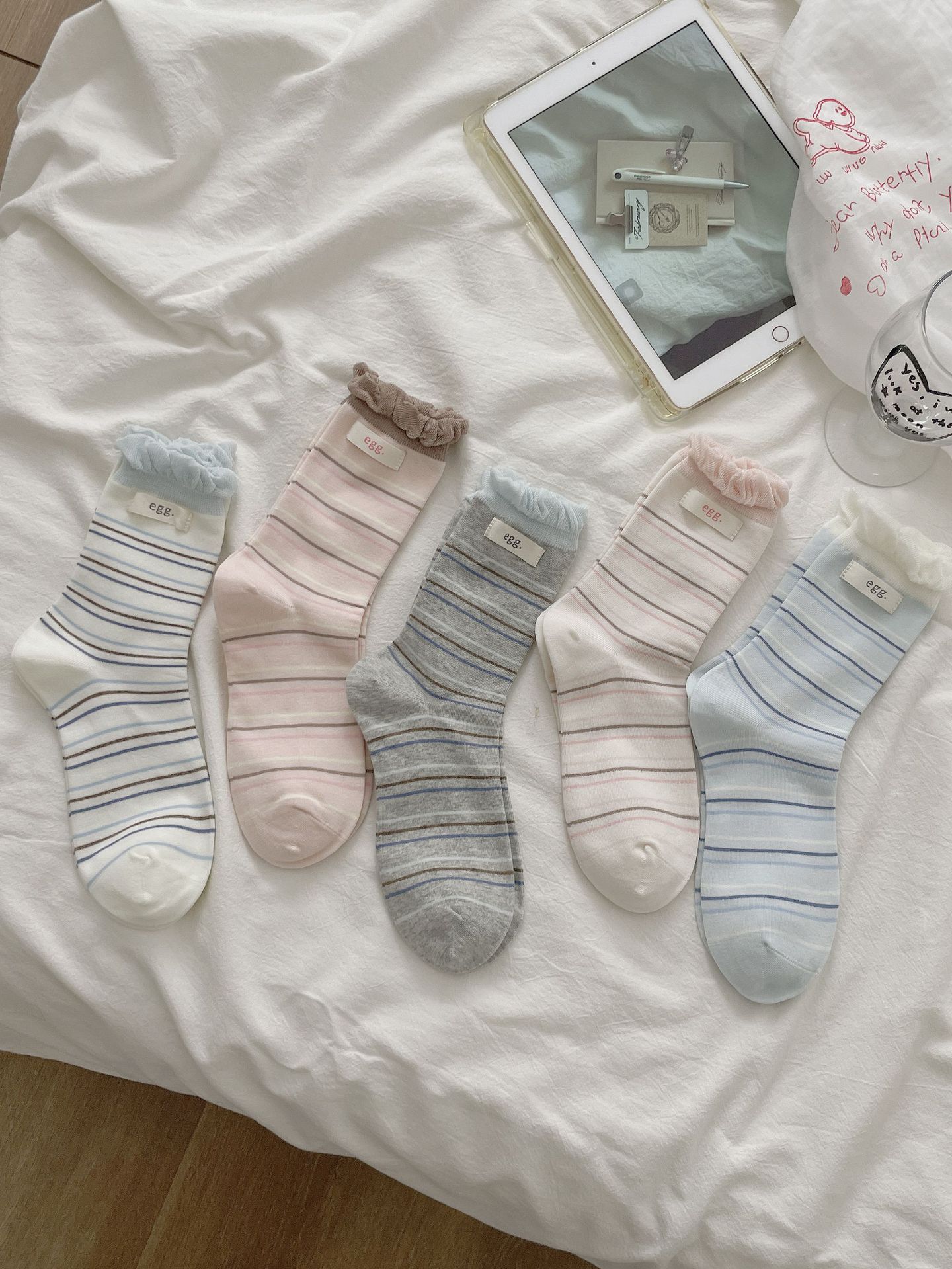 Pastel Kawaii Soft Cotton Striped Ruffle Hem Crew Socks For Everyday Casual Wear Detail View 1