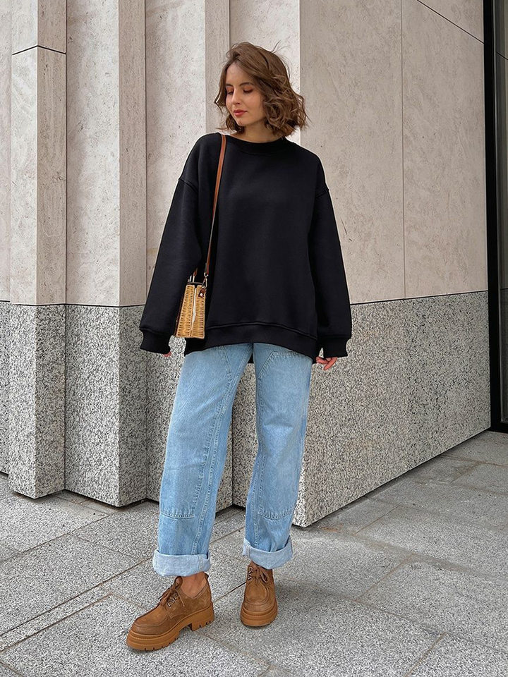 Áo sweatshirt nữ cổ tròn dáng rộng oversize tay dài chất liệu nỉ lông — Hoa màu xám, Màu cà phê, Màu trắng, Xanh navy chi tiết 14