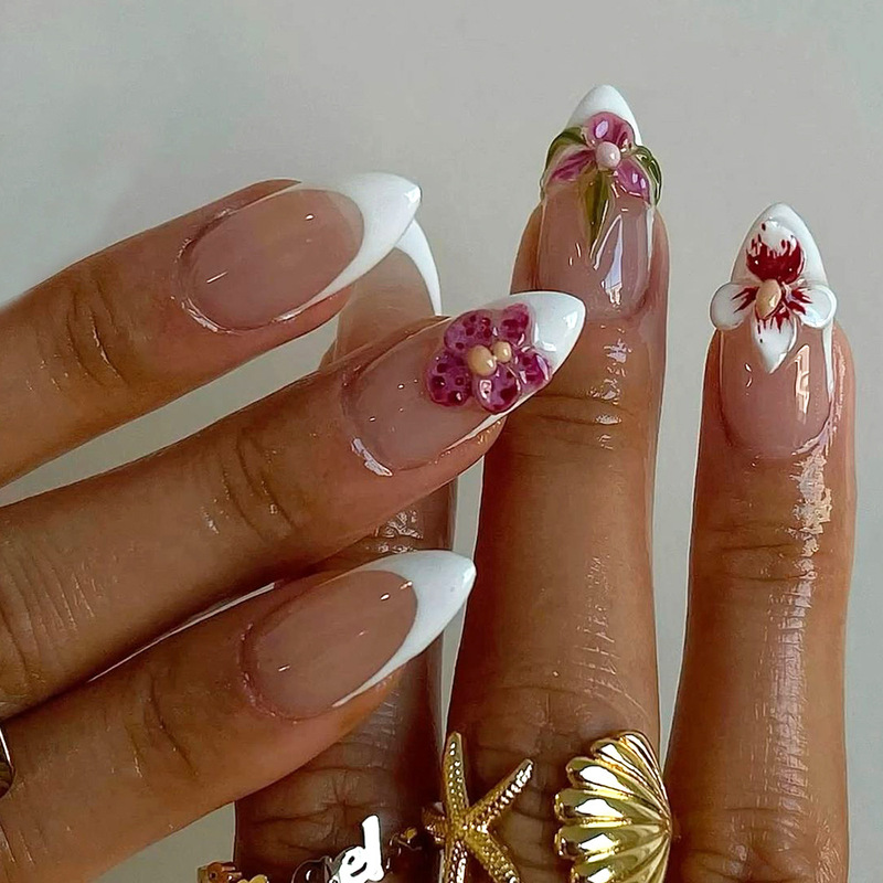 Hot-Selling Foreign Trade Embossed Three-Dimensional Nail Pieces, Elegant Colorful Flower Drawing Wearable Nails, Gentle Atmosphere Literary and Artistic Nail Patches