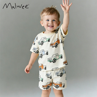 跨境mlawee男童夏季新款睡衣欧美中小童圆领短袖帅气印花儿童套装