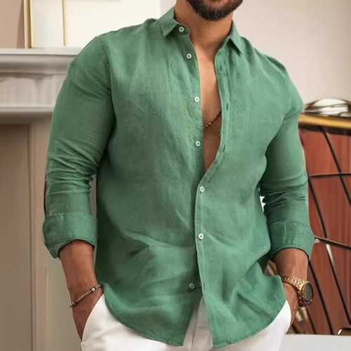 OEM Cotton Linen Pure Color Men's Shirt Green Casual