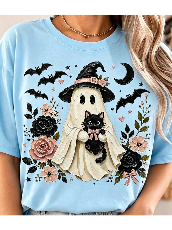 European size cotton T-shirt for preppy style, cute Halloween Boo black cat girl floral autumn, spooky season