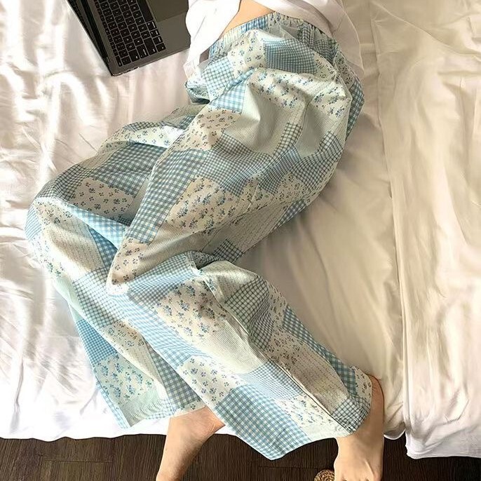 Spring, Autumn and Summer Ins Cloud Cotton Cartoon Pajamas Women's Casual Pants Straight Loose Cute Wide Leg Outer Wear Single Pants Women