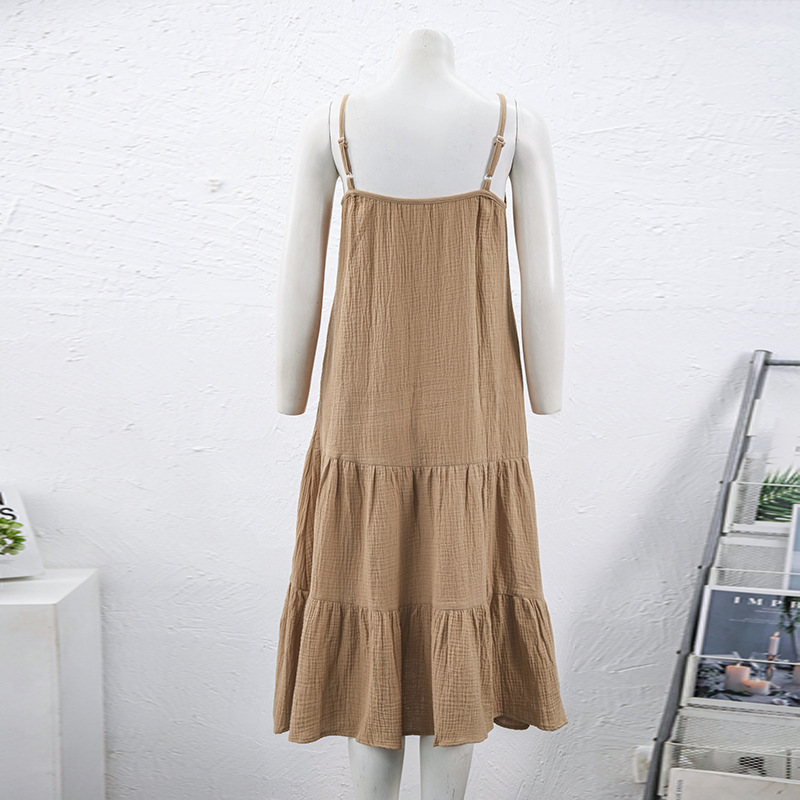 Crepe Cotton Suspender Dress Women Spring Summer Solid Color Sleeveless Midi Dress Holiday Casual Dress