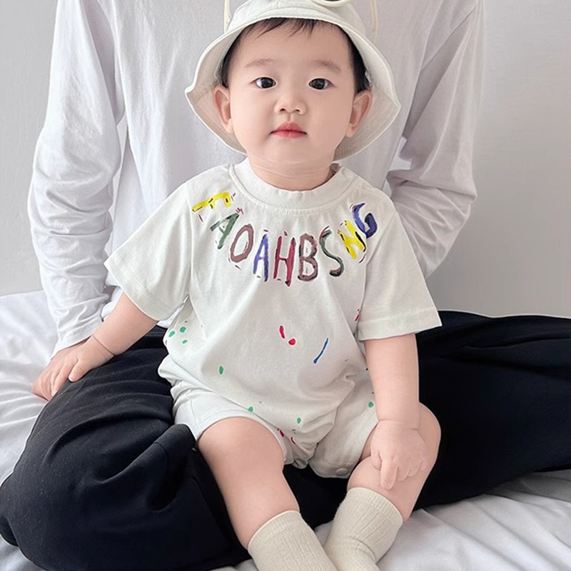 Baby's Short-sleeved jumpsuit Rainbow Rain White Printed Climbing Suit Full Moon Baby's Out-of-town Climbing Suit Newborn Climbing Suit