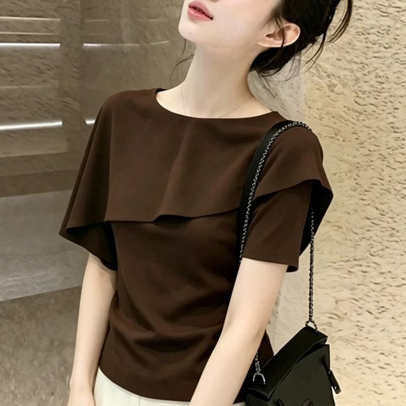 Chic Retro Style Coffee-Colored Ruffled Round-Neck Short-Sleeved T-Shirt for Women 2026 Summer Style Simple and Versatile for Casual Commuting Chic Retro Style Coffee-Colored Ruffled Round-Neck Short-Sleeved T-Shirt for Women 2026 Summer Style Simple and Versatile for Casual Commuting