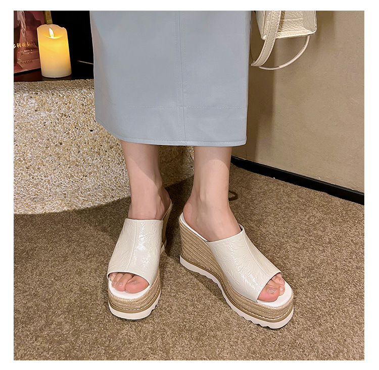Sandal cao gót nữ mũi hở đế xuồng đan rơm phong cách La Mã — màu be, bạc chi tiết 16