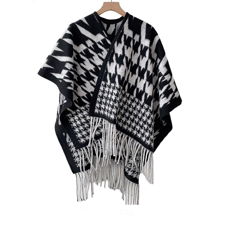 Cape coat for women autumn and winter new all-match Cape scarf dual-use houndstooth wool blanket shawl tassel outer wear
