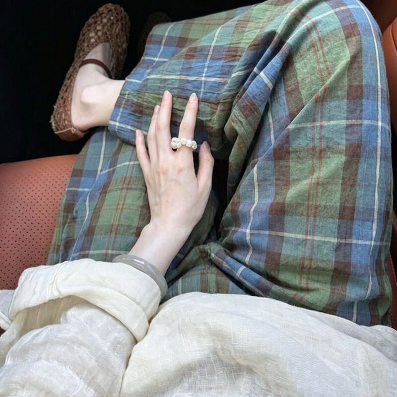 Retro blue-green contrast plaid pajama pants for women, summer 2026, loose-fitting, slimming, wide-leg, long home pants, plus size, suitable for outdoor wear Retro blue-green contrast plaid pajama pants for women, summer 2026, loose-fitting, slimming, wide-leg, long home pants, plus size, suitable for outdoor wear