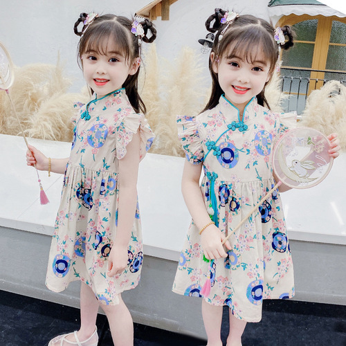 Summer girls chinese floral qipao dress circle 0 to 6 years old baby cotton dress girl slim skirt children hanfu skirt