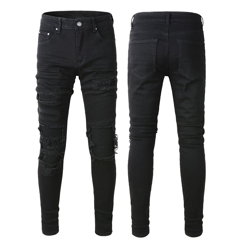 Street Fashion Men's Ripped Patch Elastic Slim Fashion Brand High Street American Jeans Black Men's Pants 569