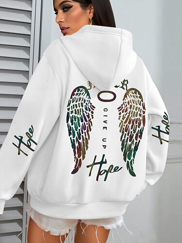 Wings Print Hoodie, Casual Kangaroo Pocket Drawstring Long-Sleeve Hooded Sweatshirt, Women's European Size Hooded Sweatshirt