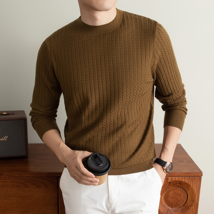 Men's heavy-duty jacquard crew neck knit sweater, versatile for spring and autumn, classic urban casual style, direct cross-border