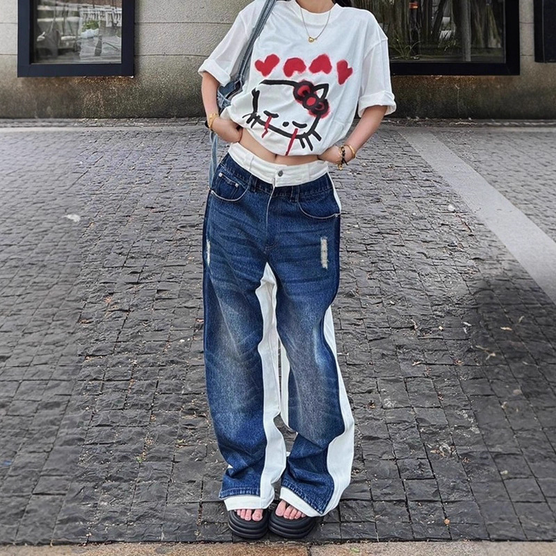 American Vibe Double-Layer Splicing Wide-Leg Jeans for Women Street Hot Girls Straight-Leg Loose Slimming Look Floor-Length Pants